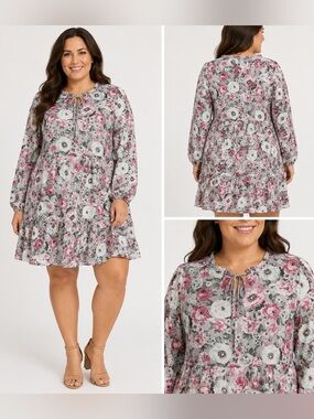 CAL STYLE Floral Tiered Mini Dress Women’s Large Gray Pink Long Sleeve
